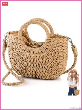 Handwoven Paper String Straw Hobo Bag with Drawstring Closure for Summer Beach